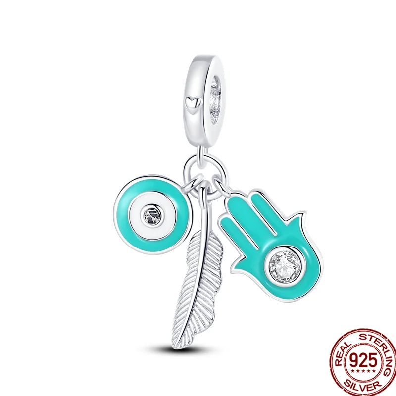 

925 Sterling Silver Feather Palm Demon Eye Beads Charms Fit Original pandora Bracelet&Bangle For Women Birthday Fashion Jewelry
