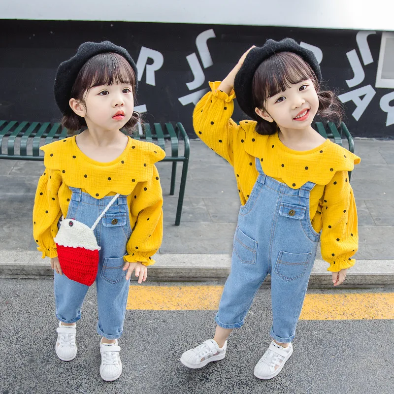 

Autumn Baby Girls 2Pcs Suits Cotton Long Sleeve Polka Dot Shirt+Denim Overalls Casual outfit Girls Kids Clothing Sets 12M-5T