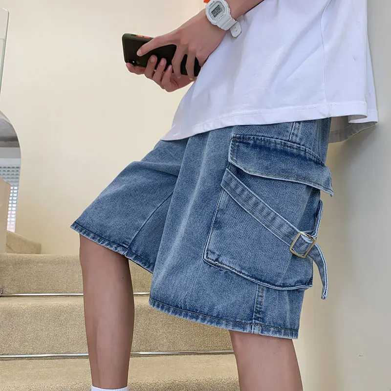 

Summer Drawstring Denim Shorts Men's Fashion Retro Cargo Pocket Denim Shorts Men Streetwear Loose Hip-hop Blue Denim Shorts Mens
