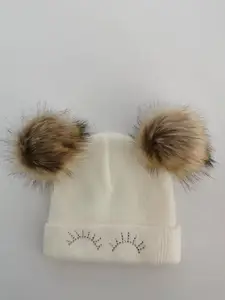 Детская Зимняя шерстяная шапка из искусственного меха для новорожденных, шапка с глазом, 2 двойных Помпона, шапочка для мальчиков и девочек, реквизит