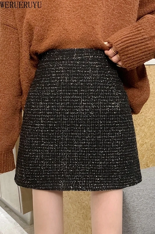 

WERUERUYU Black Tweed Skirts Women Autumn Mini Pencil Skirts Plaid Wool Skirts Korean High Waist Elegant Office Lady Skirt