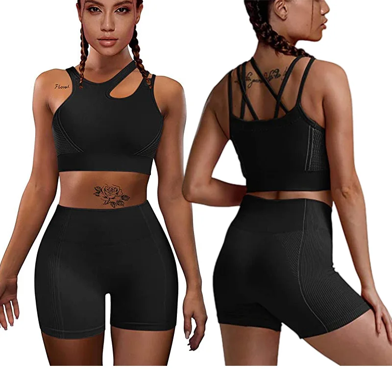 Women's Workout Yoga 2 Piece Outfits High Waist Sports Shorts Removable Padded Bra Set