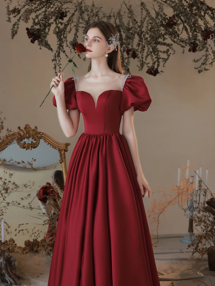 

Burgundy Satin Engagement Evening Dresses Women Tulle O-Neck Puff Sleeve Toasting Gown Classic Back Lace Up Slim Ball Gown