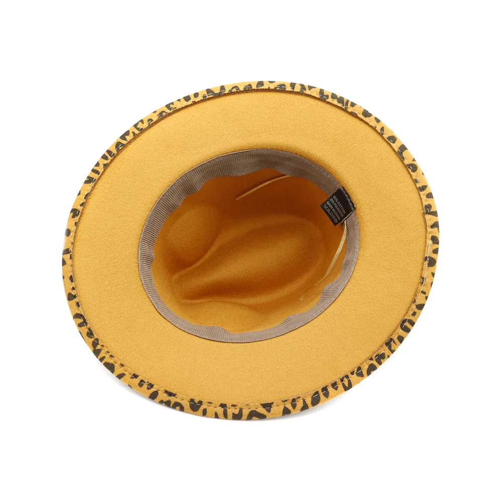 Женская федора в стиле джаз с леопардовым принтом и плоскими полями из фетра HanXi Men с имитацией шерсти и основанием из искусственной кожи.