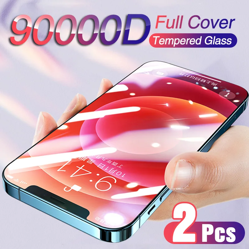 

90000D 2PCS Full Cover Screen Protector For iphone 12 11 Pro X XR XS MAX Tempered Glass On iphone 6s 7 8 Plus 12 Mini Glass Film