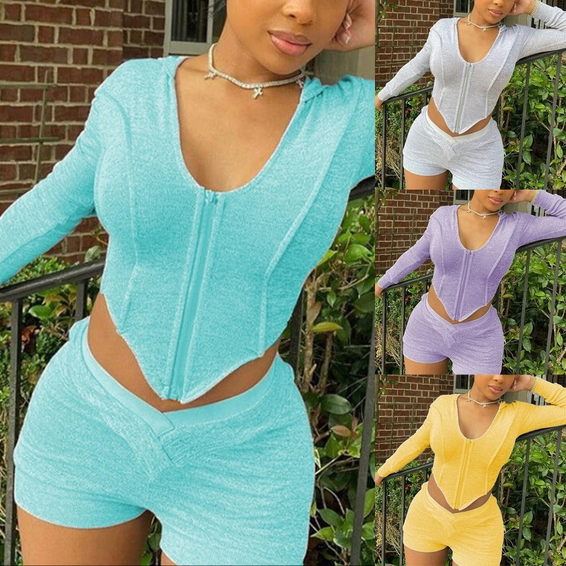 

Women Sexy 2Pcs Slim Tracksuit Long Sleeve Zipper Hoodie Crop Top V-Waist Shorts