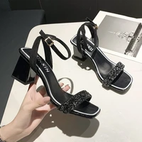 free shipping 2021 summer new style square head thick heel sequins fairy style fashion high heel sandals women