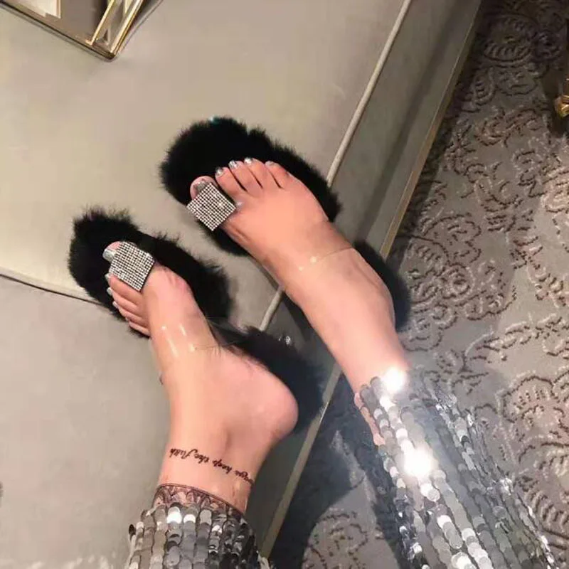 Новинка 2020 женские туфли со стразами из ПВХ меховые шлепанцы на высоком