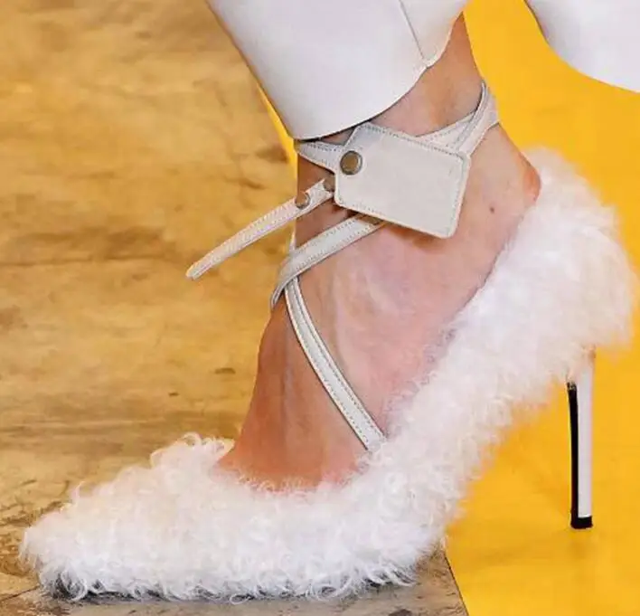 

BONJEAN Runway Leather Ankle Strap High Heel Shoes Sexy Pointed Toe Fur High Heel Pumps Party Wedding Shoes Blue White Red