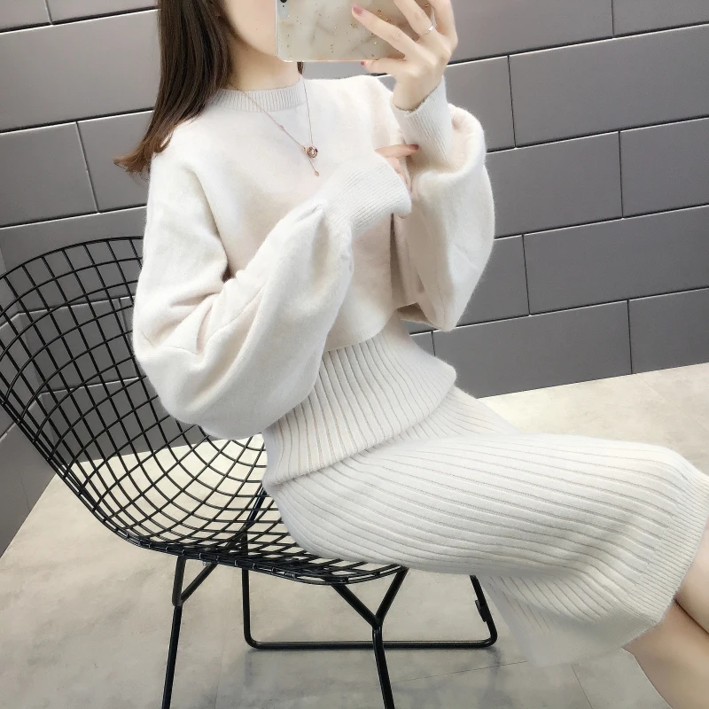 Autumn Winter Womens Long Sleeve Pullover Sweater+Strap Dress Sets Solid Color Knit 2 Piece Set Ladies Casual Knitted Suit 1600 |