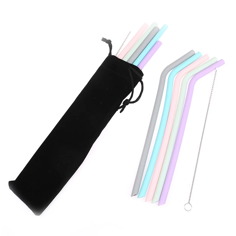 

Kitchen Accessory Reusable Silicone Drinking Straws Foldable Flexible Straw with Cleaning Brushes Kids Party Supplies Bar Tools