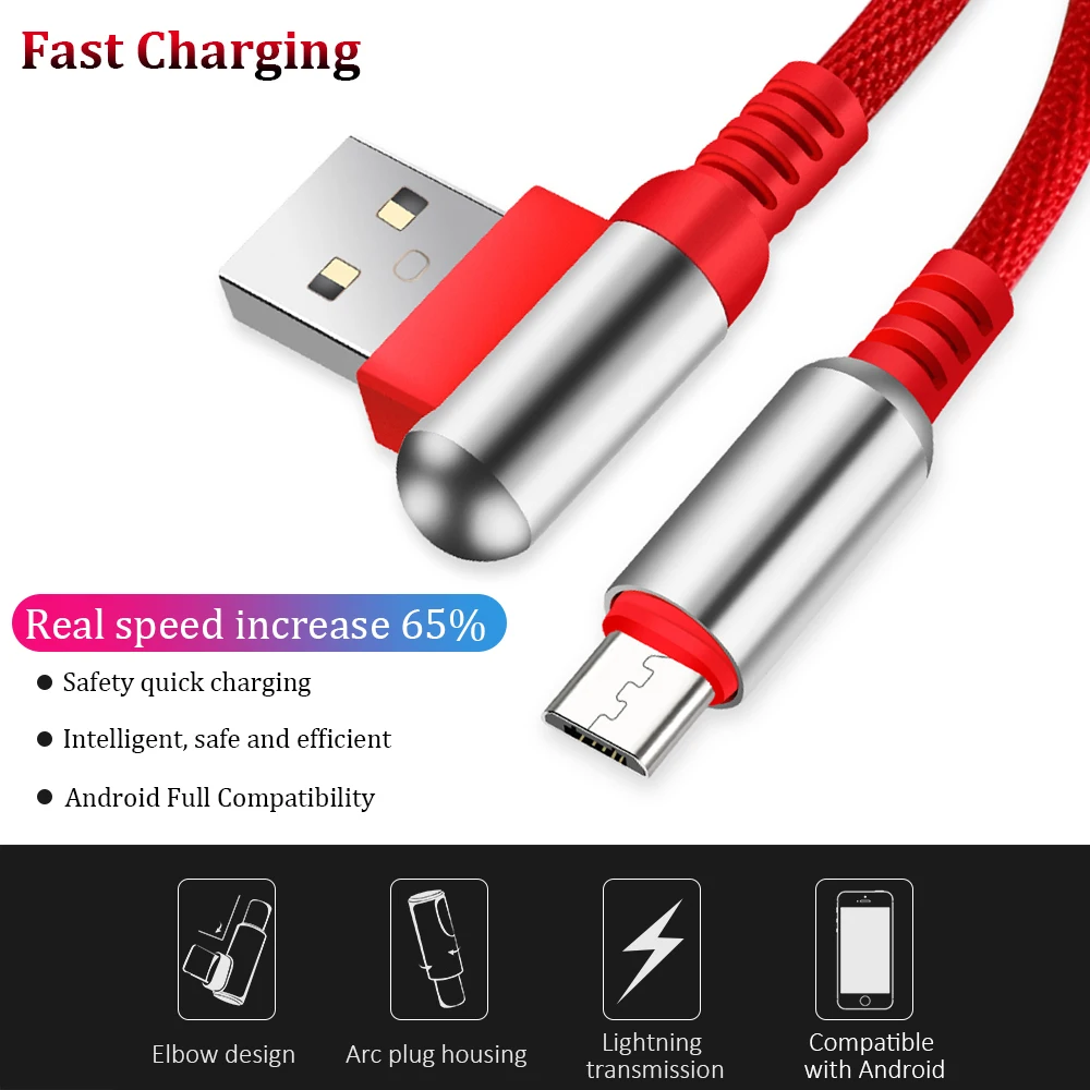 Micro USB кабель 2.1A 90 градусов под прямым углом локоть Быстрая зарядка шнур