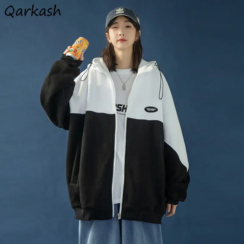 

Basic Jackets Women Patchwork Korean Style Teen Girls Outwear Loose Hooded Spring Students All-match Harajuku Bf Preppy Couples