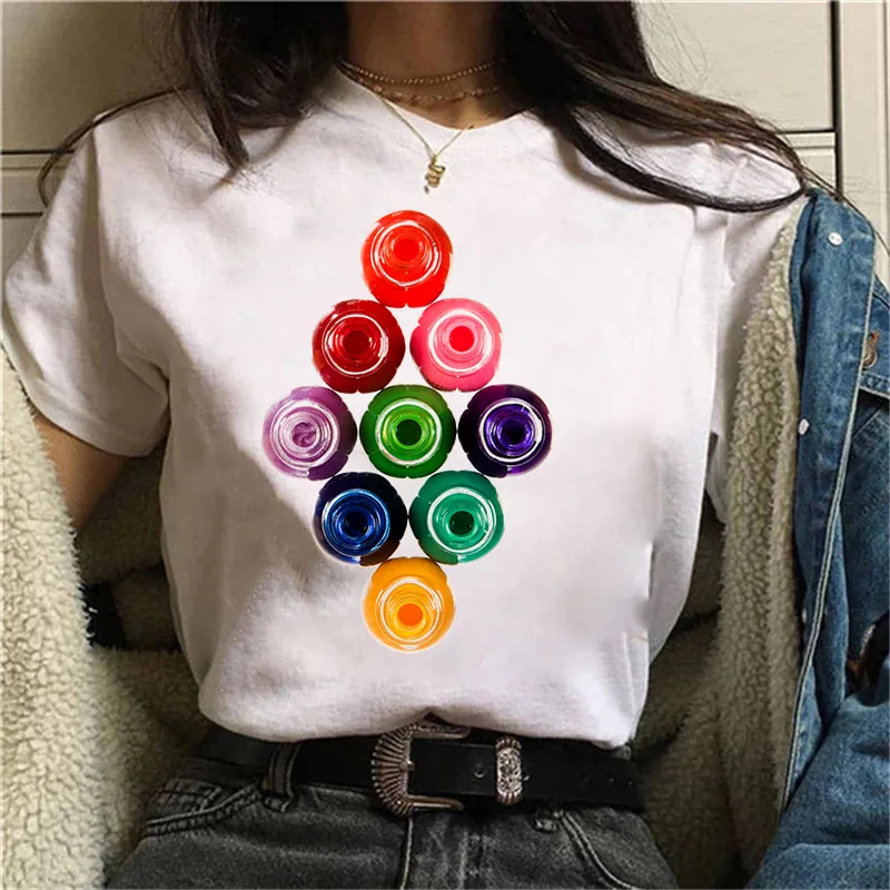 

Vogue cute nail polish white tshirt women funny t shirts 90s graphic tshirt femme Harajuku Tops Shirt Summer Vintage Clothing