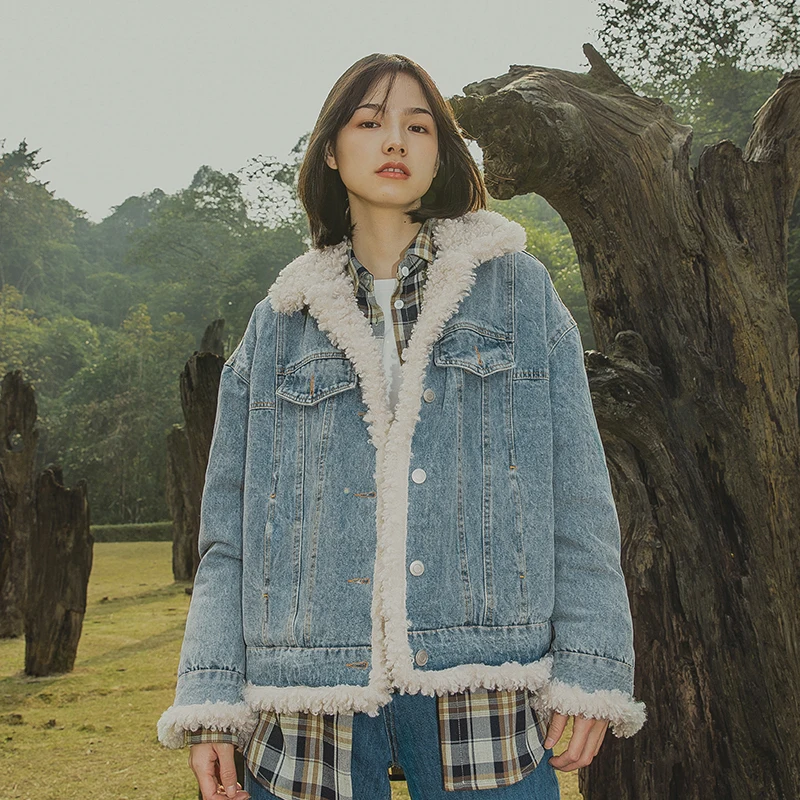 

2020 Winter New Original Coat Women's Lamb Wool Denim Jacket Women Plus Velvet Padded Coat Blue Jacket