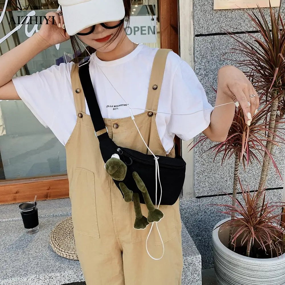 Creative Design Canvas Fanny Waist Belt Bag Women Classic Texture Chic Frog Doll Pendant Zipper Cute Shoulder Pouch |
