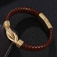 magnet buckle men brown braided leather bracelet stainless steel unique cross knot shape wristband bracelets male jewelry sp0750
