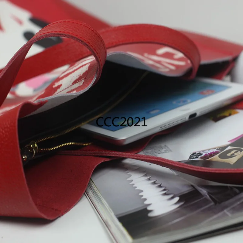 

Red Dog Print Tote Bags Women Genuine Leather Handbags 2pcs Set Ladies Hand Shouder Big Shopping Bag