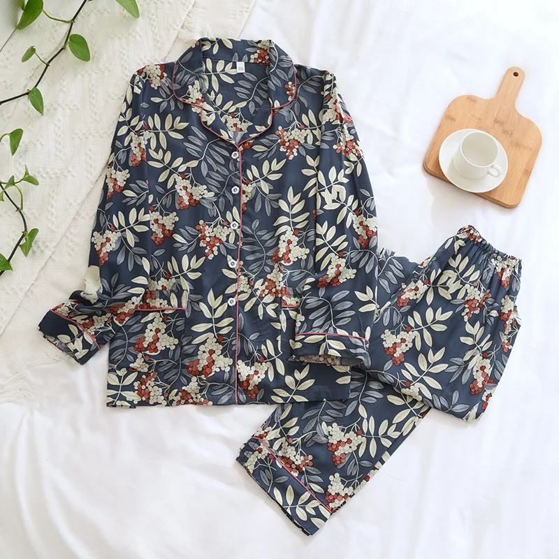 

Women's Cotton Silk Pajamas Shirts and Long Pants Set Long Sleeve Floral Printing Soft Sleepwear Casual Summer Home Wear Suit