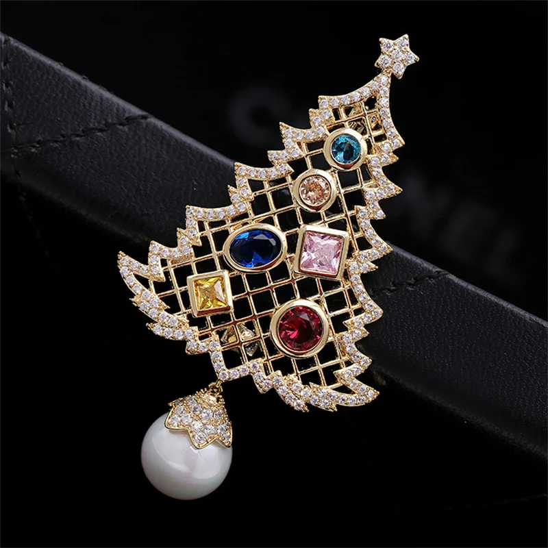 Luxury Man Christmas Tree Brooch Pins +AAA CZ Pearls Charms Pendant Sparkling Brooches Jewelry for Women Girl Male Wedding Gift | Украшения
