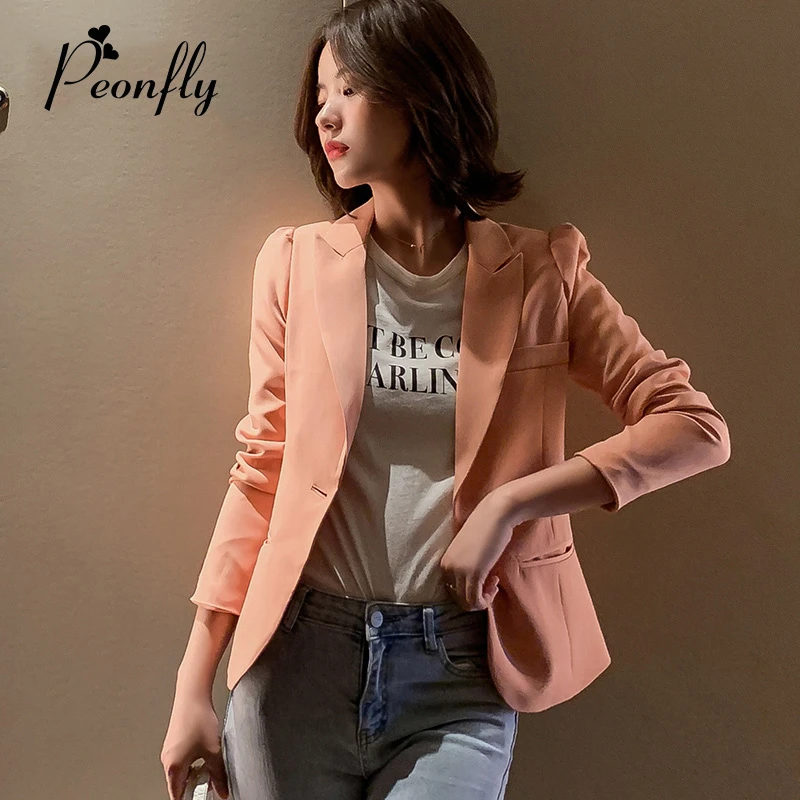 

PEONFLY Blazers Women New 2019 Autumn Suit Jacket Female Work Office Lady Suit Black Single Button Business Notched Blazer Coat