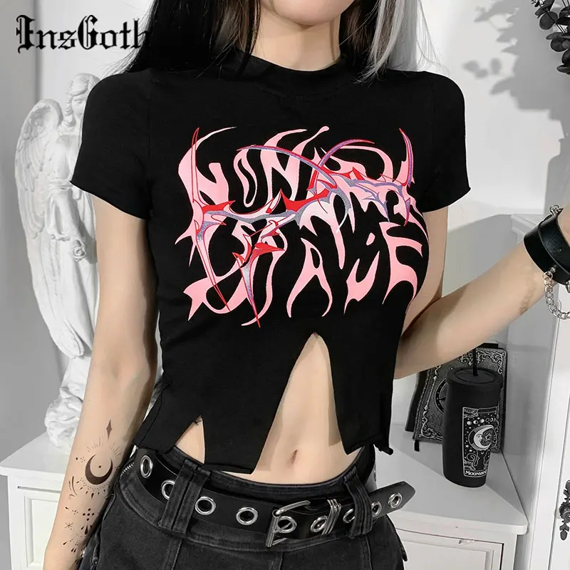 

InsGoth Grunge Gothic Print T-shirts Harajuku O Neck Sexy Hollow Out Y2K T Shirt Punk Streetwear Short Sleeve Women Crop Tops