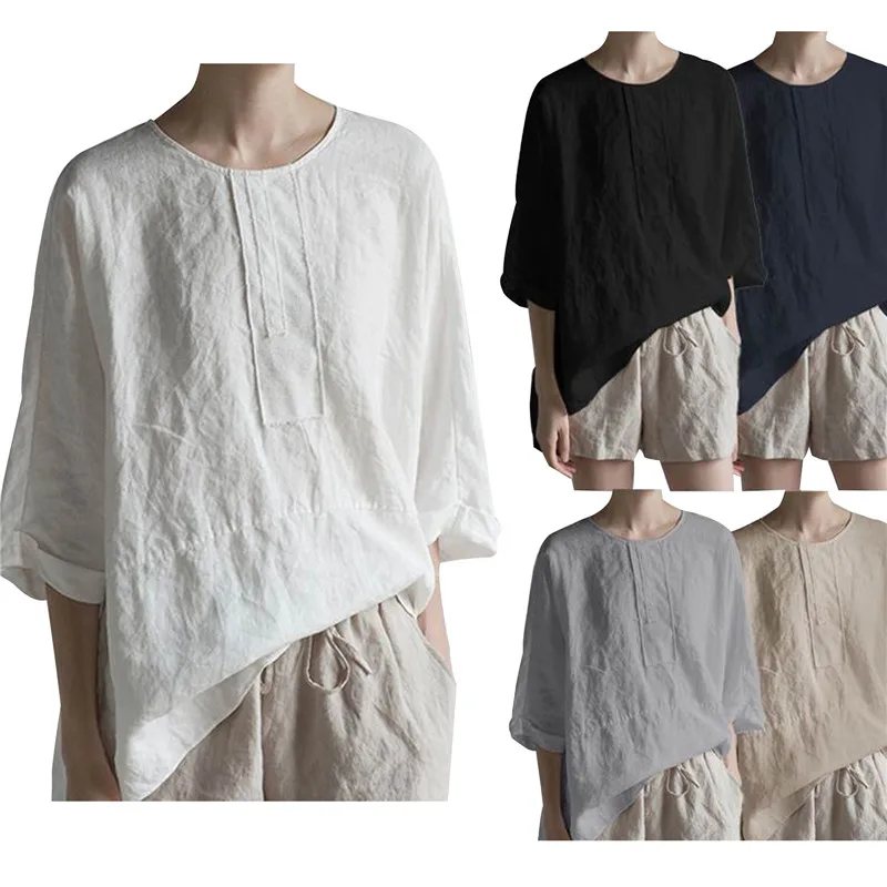 

Japanese Solid Color T-shirt Round Neck Cotton And Linen Back Fork Five-point Sleeve Casual Pullover T-shirt