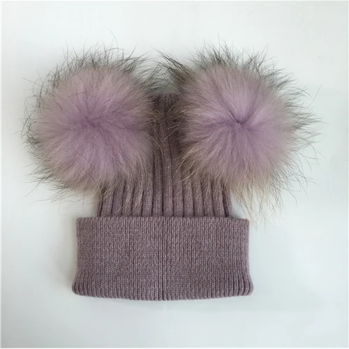 Purple match fur Женская зимняя модная меховая шапка с помпоном для девочек, Вязаная Шапка-бини для взрослых, вязаная шерстяная шапка с двумя помпонами - Цвет: Purple match fur