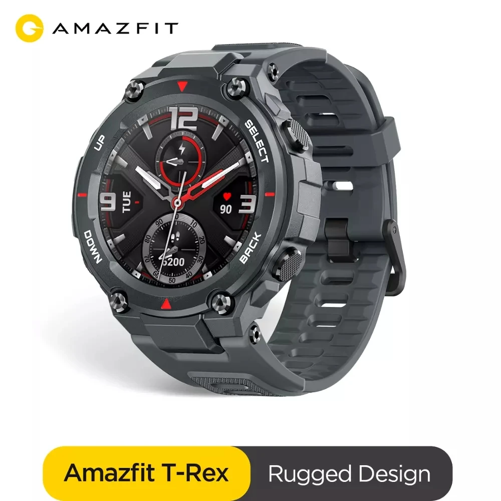 Review New 2021 CES Amazfit T rex T-rex Smartwatch Control Music 5ATM Smart Watch GPS/GLONASS 20 days battery life MIL-STD for Android