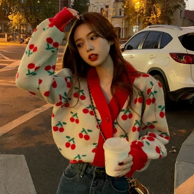 

V-Neck Print Sweaters Women Long Sleeve Sweet Comfortable Cardigan Knitted Wear Casual All-match Warm Student Autumn Sweaters