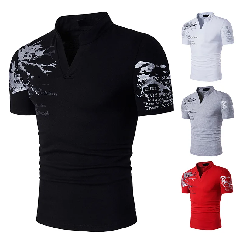 

2021 summer 2021 new hollow out European and American Wind Prints Henry stand-up collar short-sleeved large t-shirt men