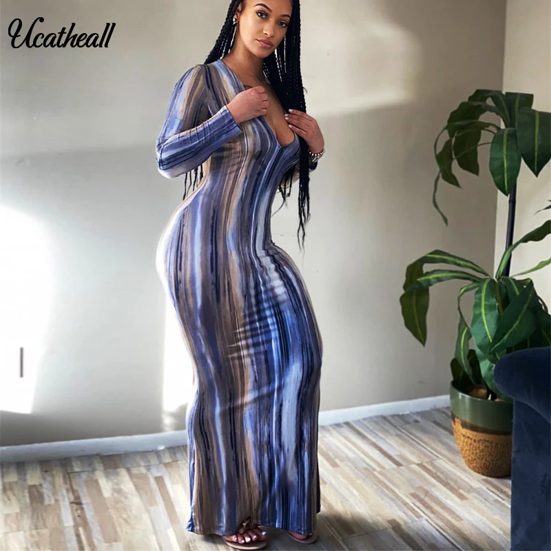 Новый принт сексуальное длинное платье макси с длинным рукавом облегающие