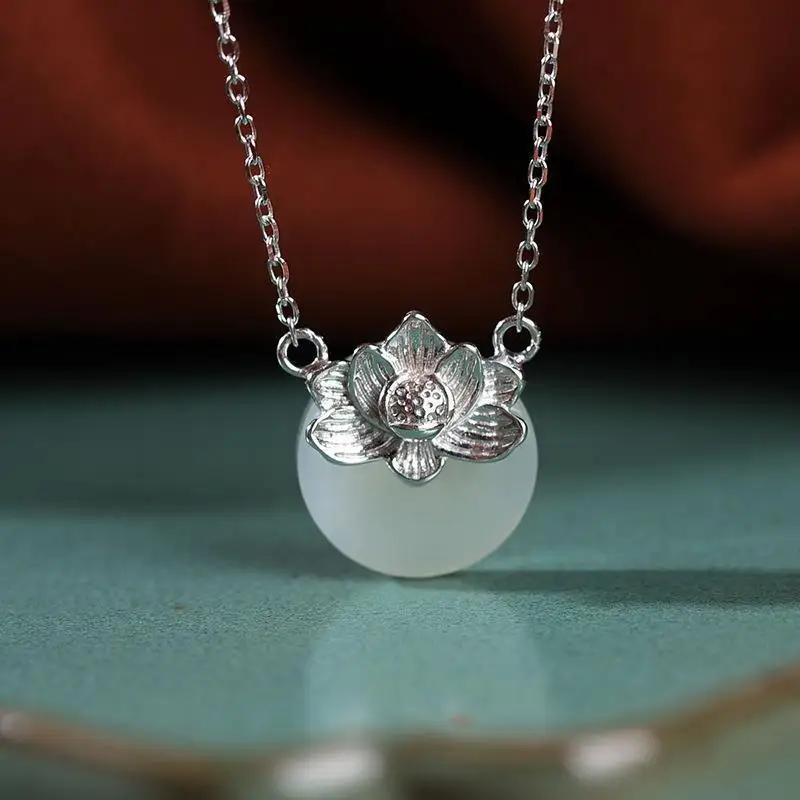 

S925 Sterling Silver Natural Hetian White Jade Lotus round Retro Style Ladies Simple Pendant One-Piece Pendant Necklace
