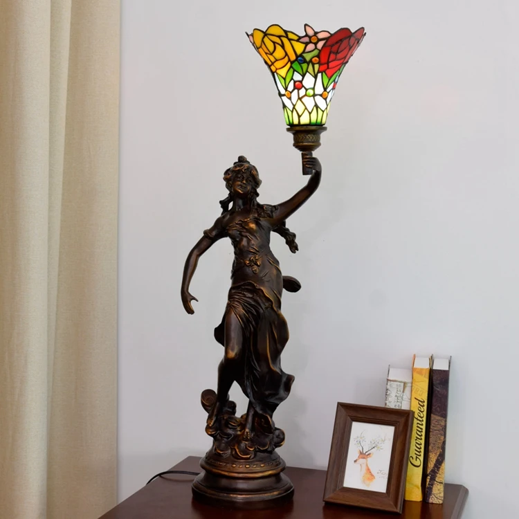 

American country trumpet rose Creative girl angel goddess LED light Tiffany stained glass living room bedroom bedside table lamp
