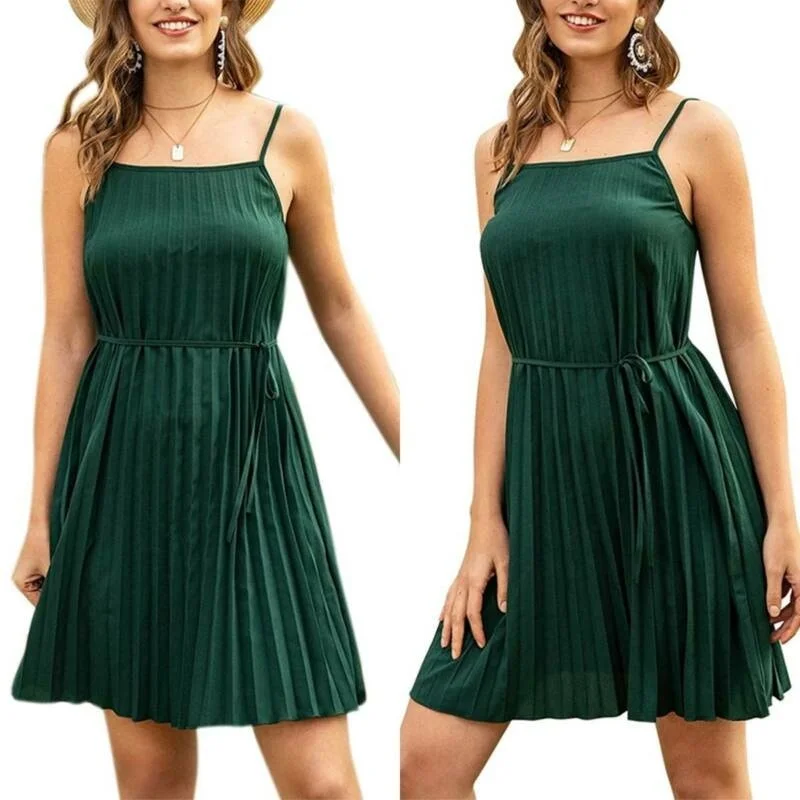 

Vicabo Women Sexy Pleated Robe Femme Backless Sleeveless Mini Dresses Summer Casual Solid Color Straps Beach Green Dress