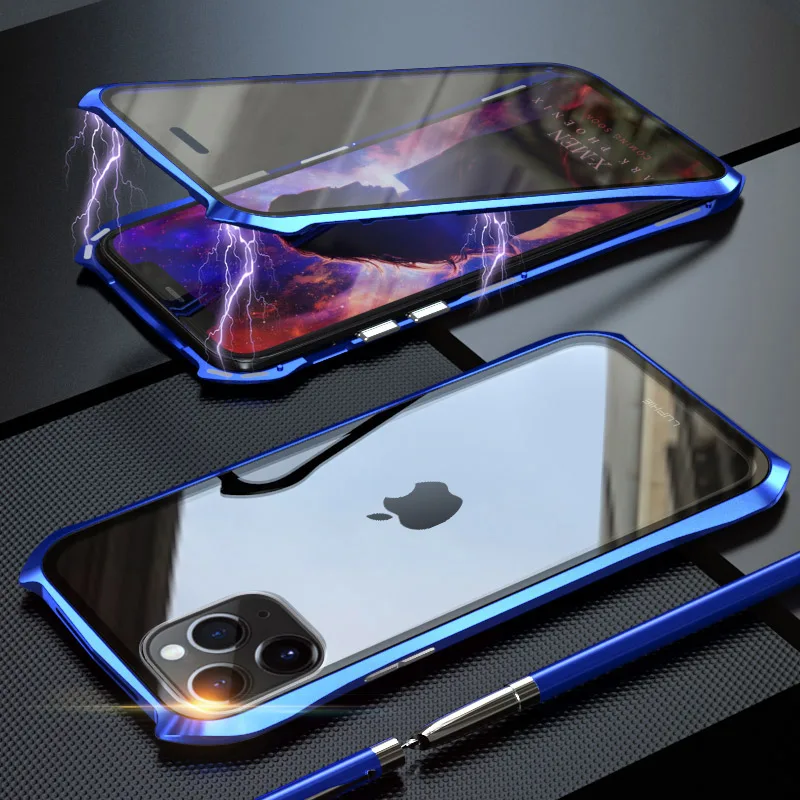 Синий Для iPhone 11 Pro Max 11 чехол, стиль летучая мышь тонкая металлическая рамка, взрывозащищенный чехол из закаленного стекла с магнитной адсорбцией - Цвет: Синий