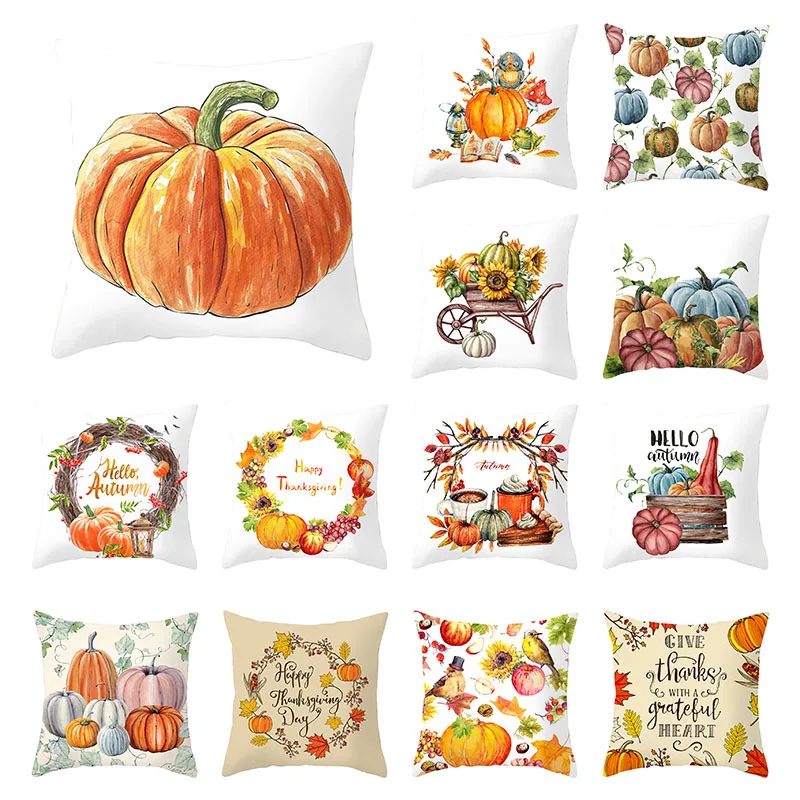 

Thanksgiving Cushion Cover 45X45 Fall Pillow Covers Sunflower Pumpkins Decorative Pillowcase Polyester Sofa Cushions Home Decor