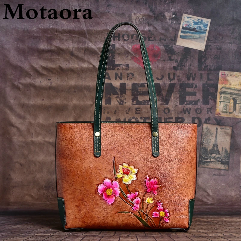 

Motaora Vintage Women Bag Genuine Leather Embossed Bag Casual Tote Handbags Large Capacity Handmade Shoulder Bags For Women