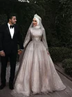 Блестящее мусульманское свадебное платье с пайетками и длинным рукавом, с подходящей вуалью, свадебные платья Дубай, 2021