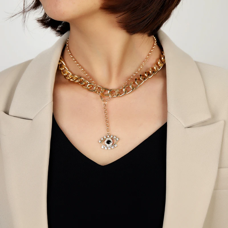 

New Vintage Multi-Layer Rhinestone Choker Necklace For Women Fashion Evil Eyes Heart Portrait Chunky Chain Necklace Jewelry Gift