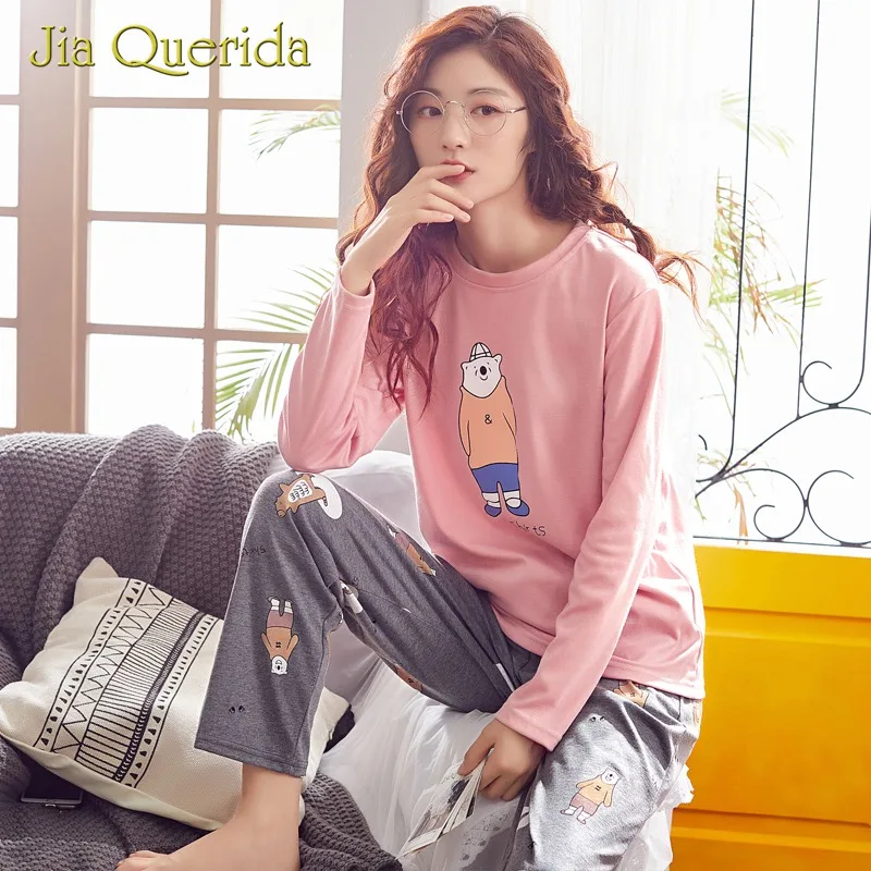 Пижама женский костюм розовый серый о-образный воротник рубашка с длинными