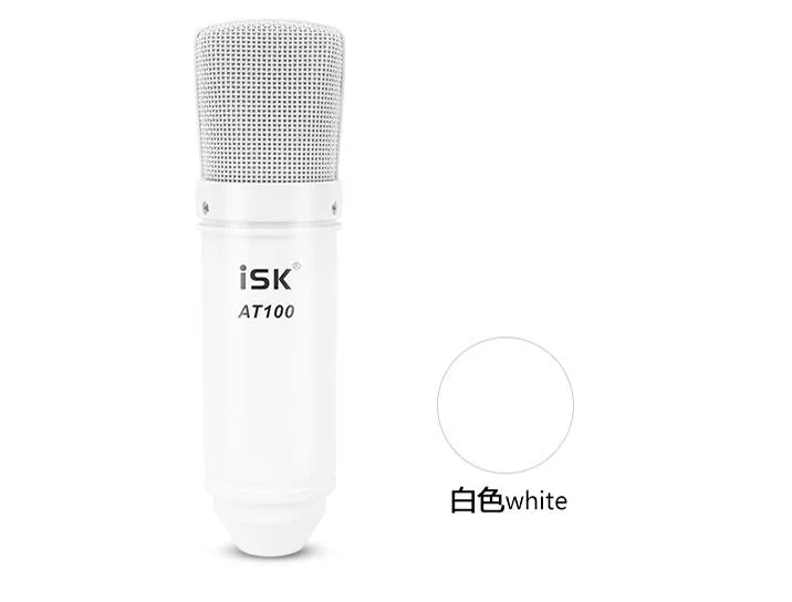 white Профессиональный ISK AT100 конденсаторный записывающий кардиоидный микрофон Студийный микрофон для компьютера с амортизационным креплением и кабелем - Цвет: white