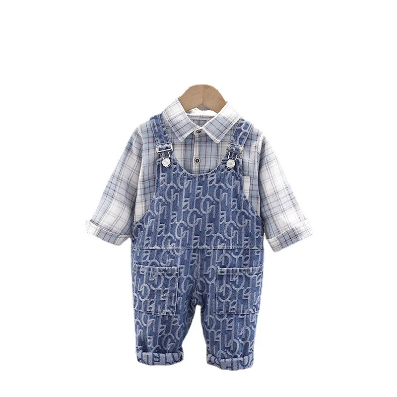 

Новый весенне-осенний модный костюм для маленьких мальчиков, детская клетчатая рубашка, комбинезон, 2 шт./компл., повседневный костюм для мал...