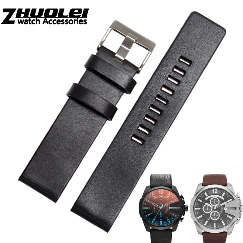 black silver Ремешок из коровьей кожи для дизельного ремешка подходит DZ7312 | DZ4323 | DZ7257 с пряжкой из нержавеющей стали 24 26 27 28 30 мм полосы - Цвет ремешка: black silver
