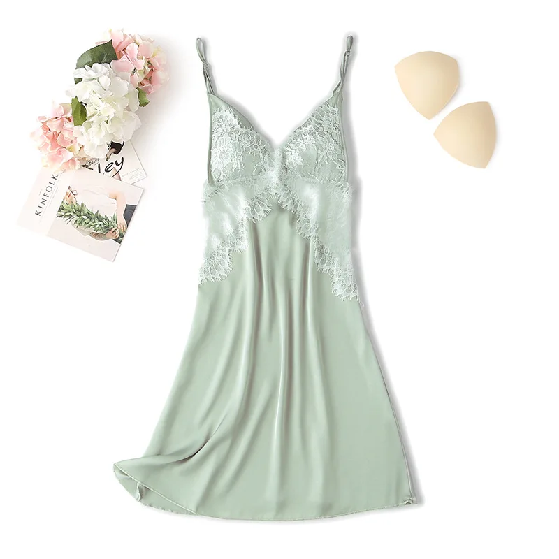

Nightgown Summer Satin Lady Suspender Nightdress Sexy Rayon V-Neck Home Dressing Gown Women Lace Trim Spaghetti Strap Sleepwear