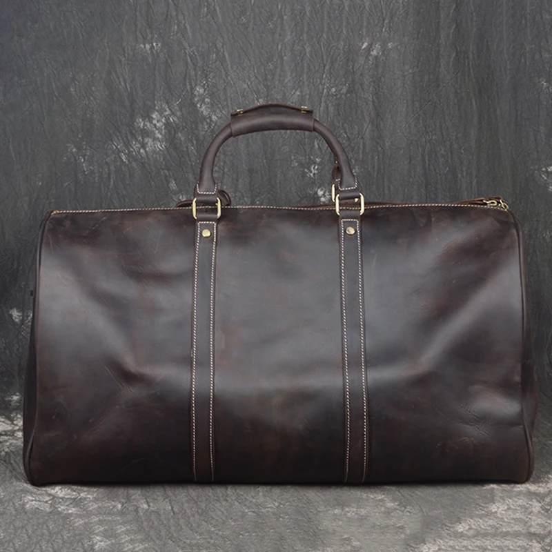 Мужская кожаная спортивная сумка ROCKCOW черная вместительная ручной работы для