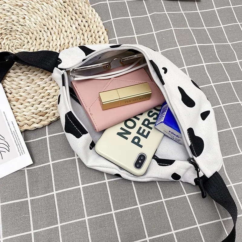 

Cow Print Canvas Belt Bags for Women Fashion Fanny Pack Female Banana Waist Bag Hip Purse Shoulder Crossbody Chest Bag Pocket