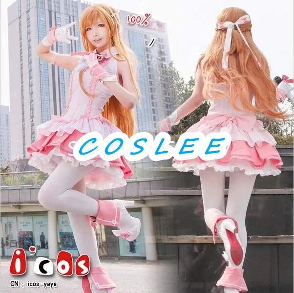 

COSLEE Anime SAO Sword Art Online Yuuki Asuna Idol Ver Singer Pink Stage Lolita Dress Cosplay Costume Party Clothing Halloween S