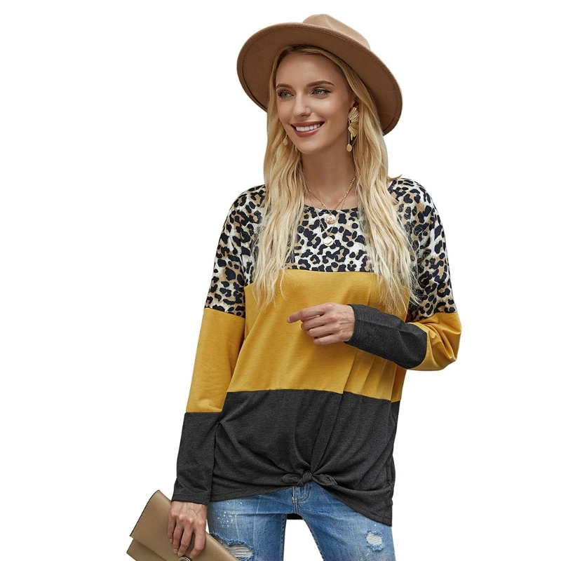 

Women Long Sleeve Blouse Contrast Stitching Patchwork Leopard Print Pullover Top