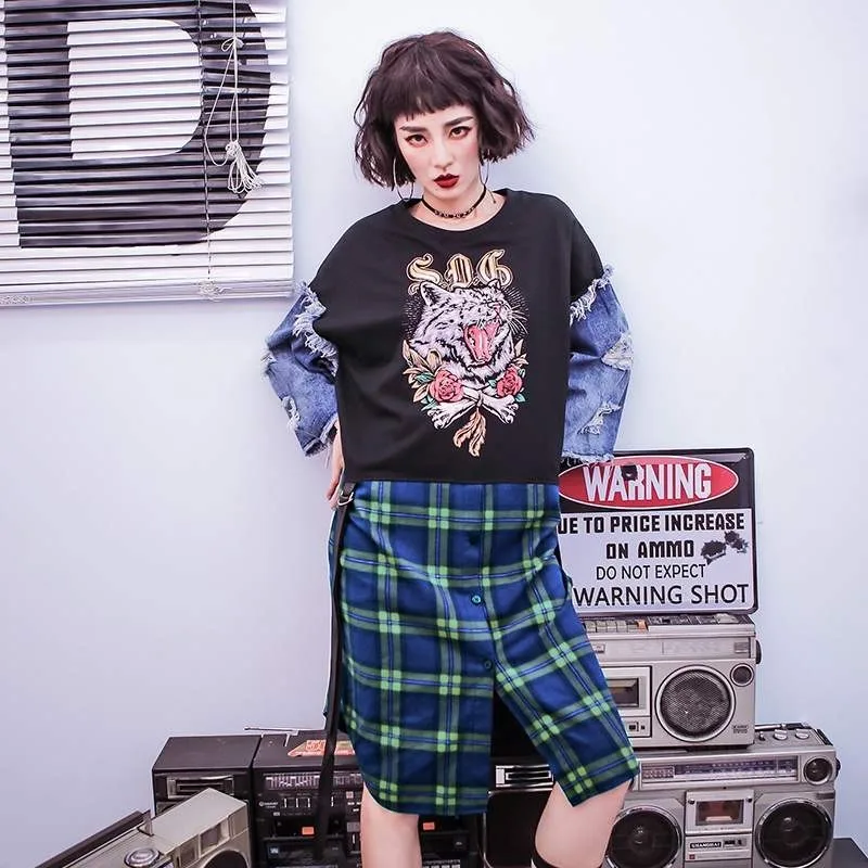 Harajuka хип хоп стиль рваные клетчатые джинсовые Лоскутные поддельные две части